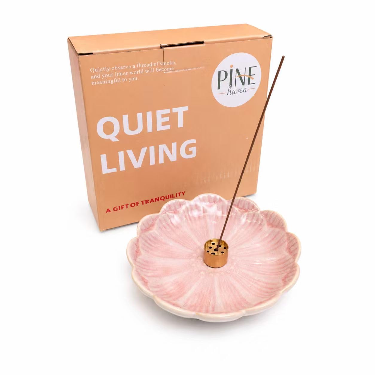 Pinehaven Pink Lotus Incense Holder – 5.5 Inch Hand-Sculpted Ceramic Tray with Ash Catcher, Brass 9-Hole Insert – for Incense Sticks, Cones, Palo Santo & Sage – Japanese Zen Home Décor for Meditation