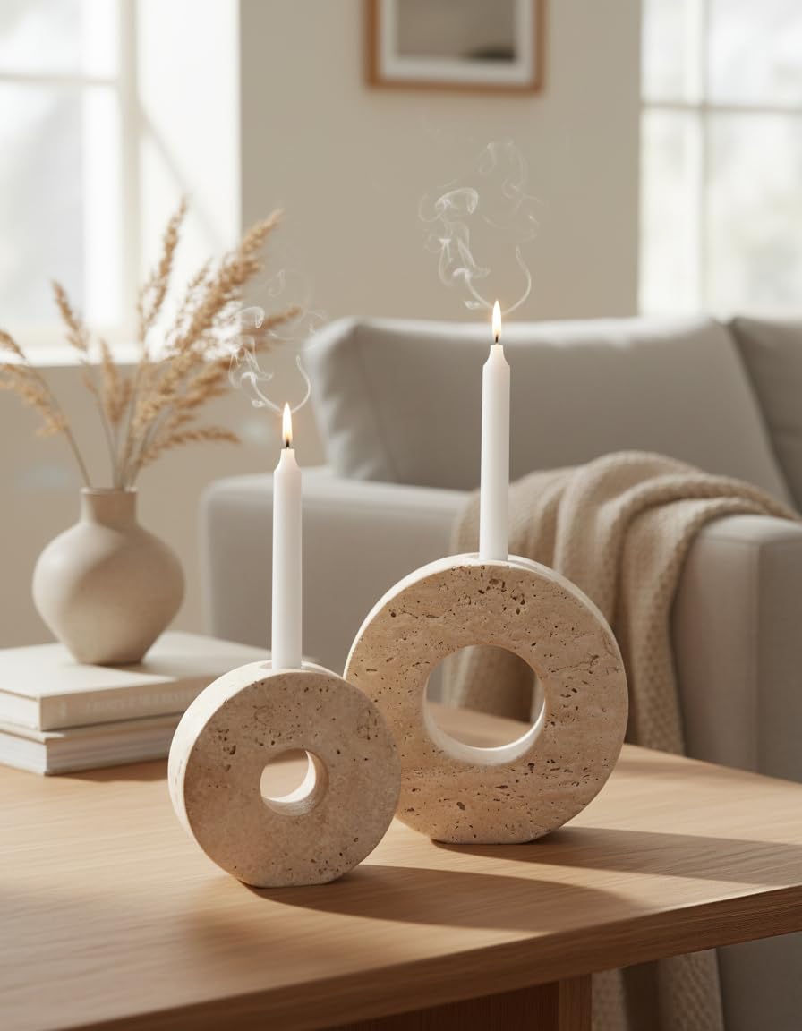 SPESHSTONES Marble Candle Holder Set of 2 Handmade Candlestick Holders for Taper Candles, Elegant Travertine Candle Stick Holders for Candlesticks, Centerpieces for Tables & Entryway Table Decor