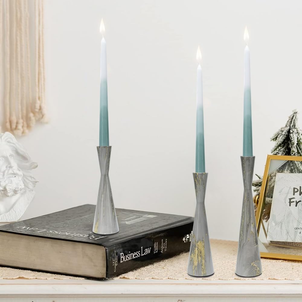 Threeight Metal Taper Candle Holders Set of 3 for Pillar Candles, Grey Marble Pattern Candle Stick Set Modern Decorative Centerpiece for Table Mantel,Wedding Housewarming Present,Dinning Party