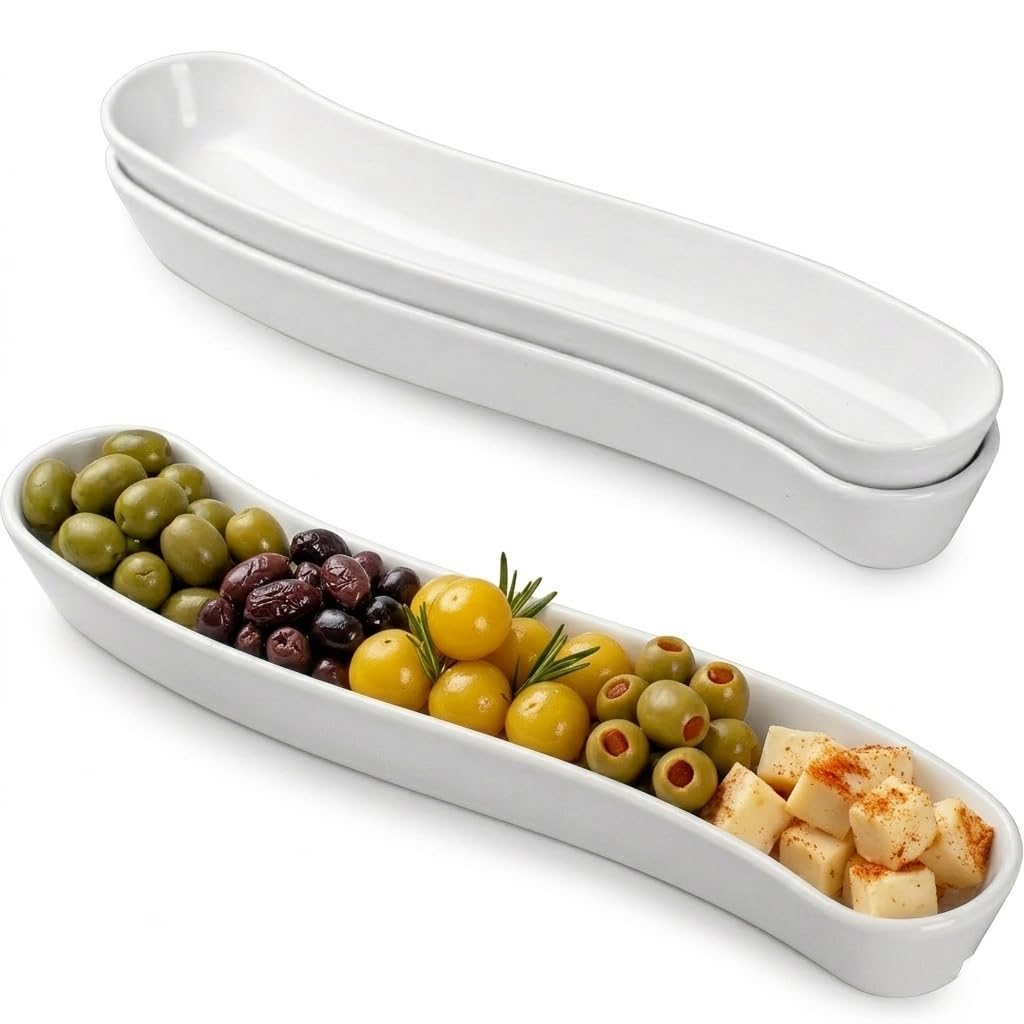 Dizada Olive Plates 3-Pack 12" - White Porcelain Long Arc Boat Trays, Ceramic Appetizer Platter for Charcuterie, Snacks, Entertaining, Dishwasher Microwave Oven Safe