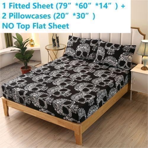 SDIII Gothic Skull Queen Fitted Sheet with 2 Pillowcases, Not Including Flat Sheet, Soft Microfiber Deep Pocket Halloween Goth Bedroom Decor Queen