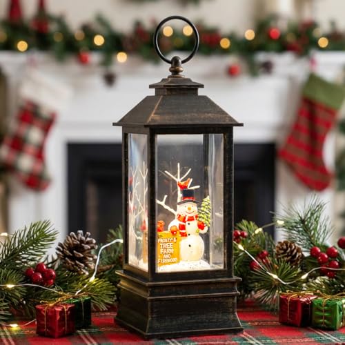 10" Christmas Snow Globe Lantern with Farm Snowman，Lighted Swirling Glittering Snow Globes with Music & Timer, Christmas Decorations for Home Tabletop Indoor