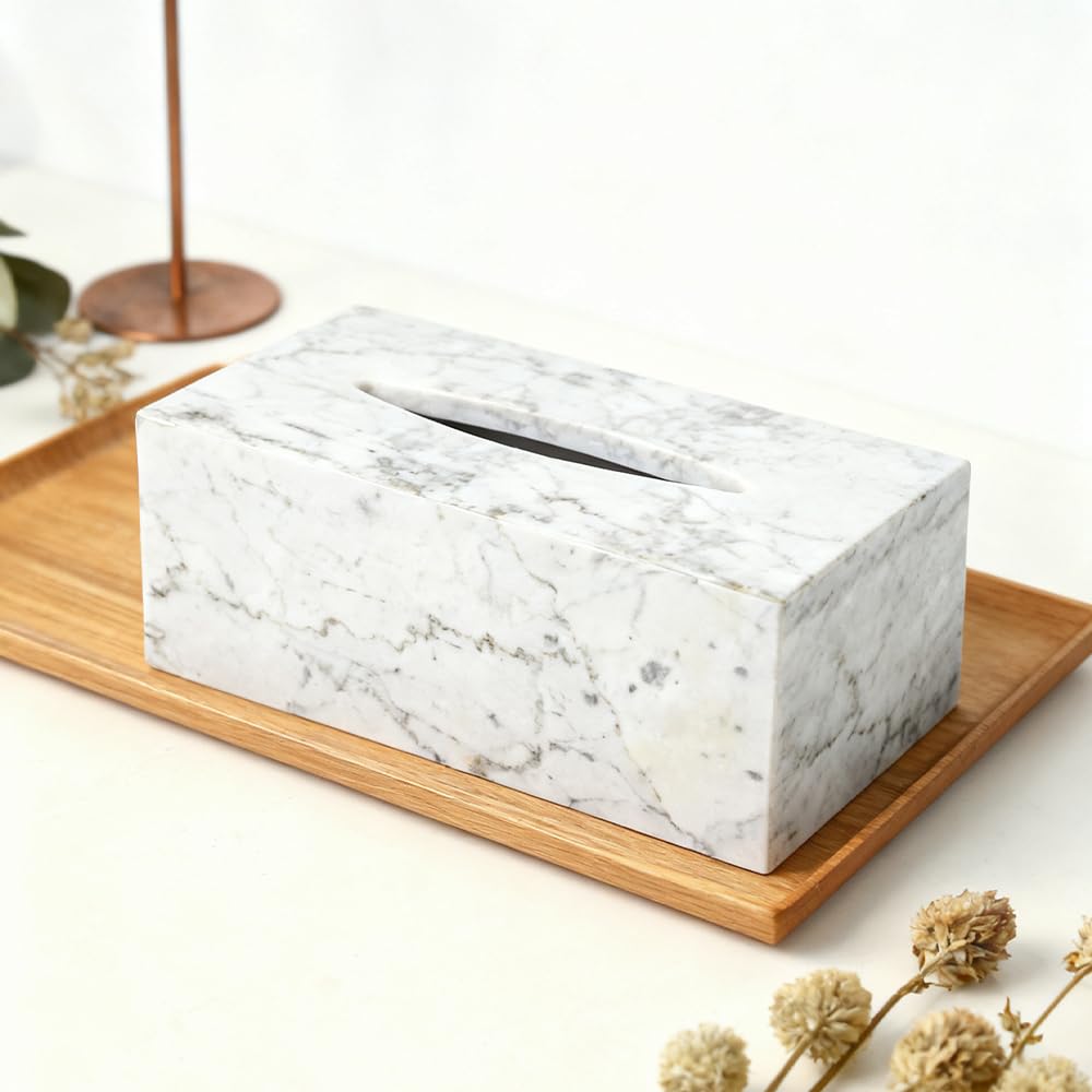 Elegant Marble Tissue Box Cover for Living Room, White Tissue Box Holder Rectangular, Decorative Stone Tissue Box Cover for Bathroom Vanity Office Countertop