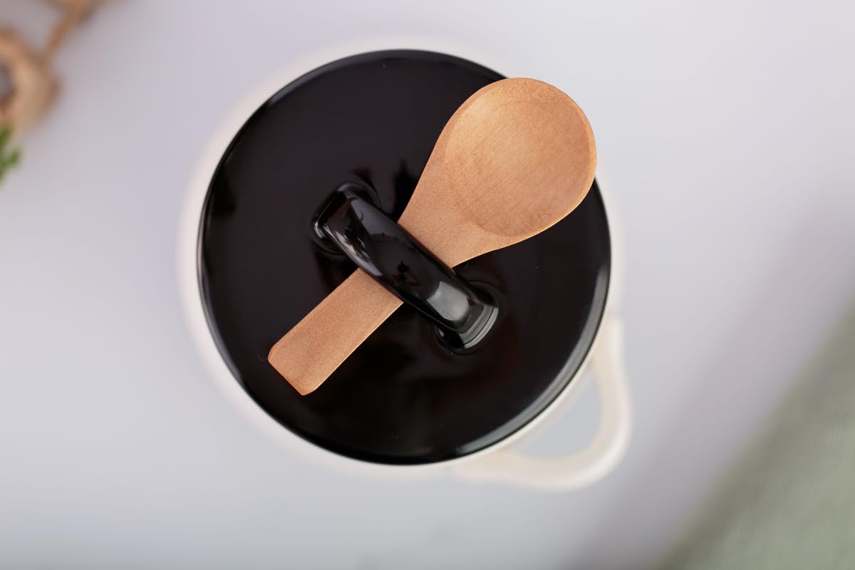 Keika Collective Salt Cellar with Lid and Spoon 10 oz - Handmade Ceramic Salt Keeper with 1.75 inch Lid and 3 inch Bamboo Spoon - Stylish Salt Container for Kitchen Decor