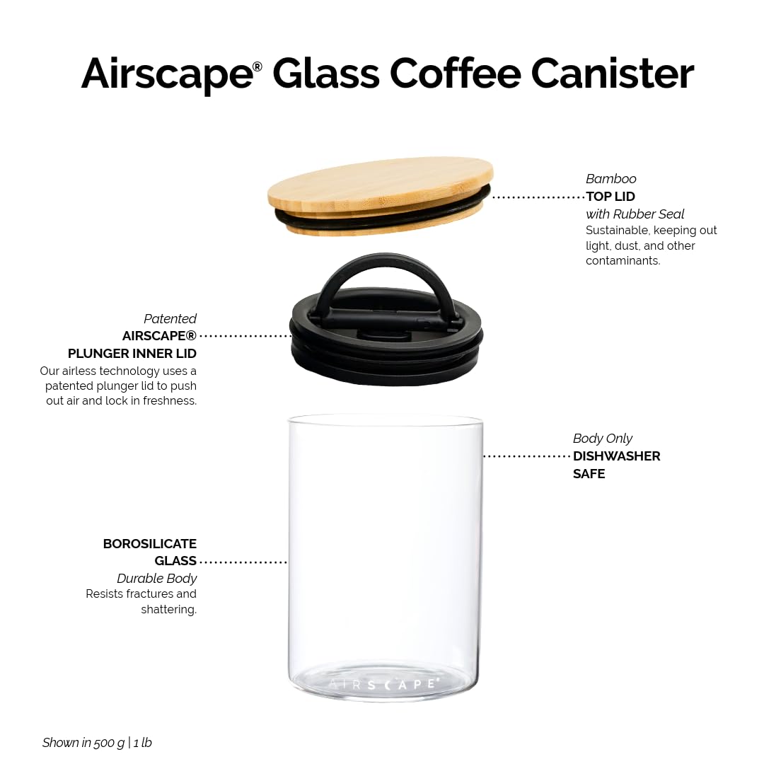 AirScape Glass Food Storage Canister - Glass Storage With US Patented Airless Inner Lid & Bamboo Top Lid - Preserves Food Freshness (Small 4-Inch)