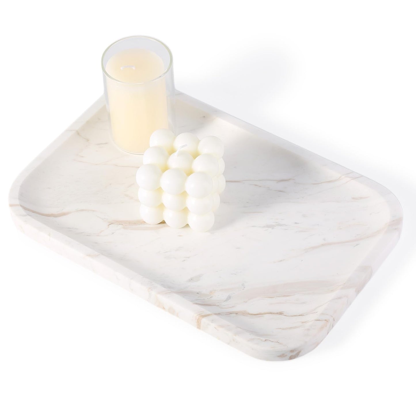 Karibiber Marble Vanity Tray, Marble Bathroom Tray Countertop, Decorative Trays for Dresser Organizer, White Stone Storage Serving Trays for Kitchen, Perfume, Jewelry Cathall Holder, Unique Veining