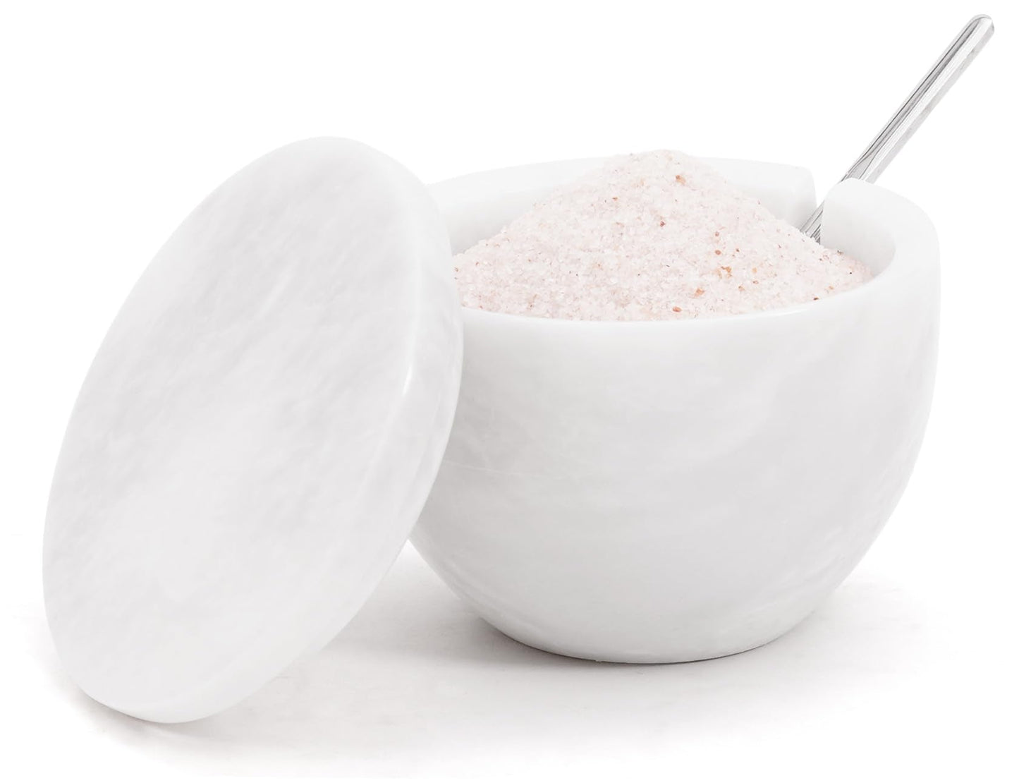 MARBLOUS KRAFTS Marble Salt Holder with Lid and Spoon 3 x 4 White Spice Jar for Kitchen Countertop, 4.7 oz, Ideal Seasonings, Sugar Bowl, and Celtic Salt Storage, Brown Sugar Keeper