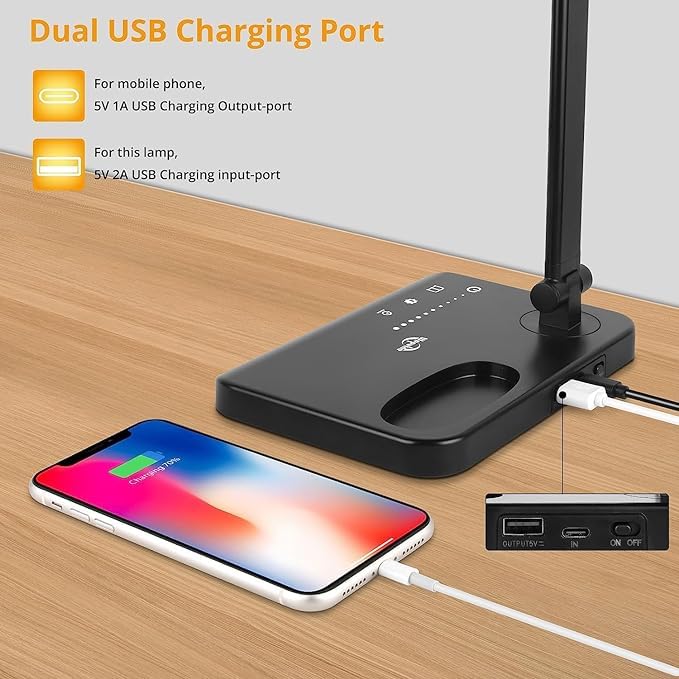 Woputne LED Desk Lamp with Dual Heads, 5 Color Modes & 10 Brightness Levels, Adjustable Reading Light for Home Office, Bedroom, Study, Craft (Black, Includes Adapter)