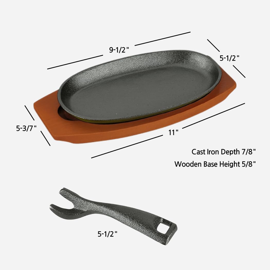 JapanBargain, Set of 2 Cast Iron Sizzling Plates with Wooden Bases – Steak & Fajita Serving Platters – Pre-Seasoned Grill, Oven, Induction Safe – 9.5" x 5.5" Plates, Home or Restaurant Use