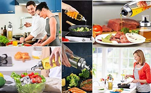 Olive Oil Dispenser Bottle, Liquid Condiment Container, 10 Oz Vinegar Dispensing Cruets With Dripless Capped Spout, Glass Decanter for Kitchen with Degree Scale