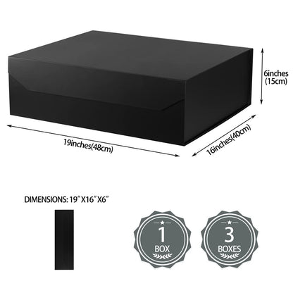 PACKGILO Black Extra Large Gift Box with Lid 1 Pcs 19x16x6 Inches, Gift Box large Black Gift Boxes for Presents Clothes Robe Wedding Dress Sweater,Reusable Foldable Bridesmaid Proposal Box（Matte）