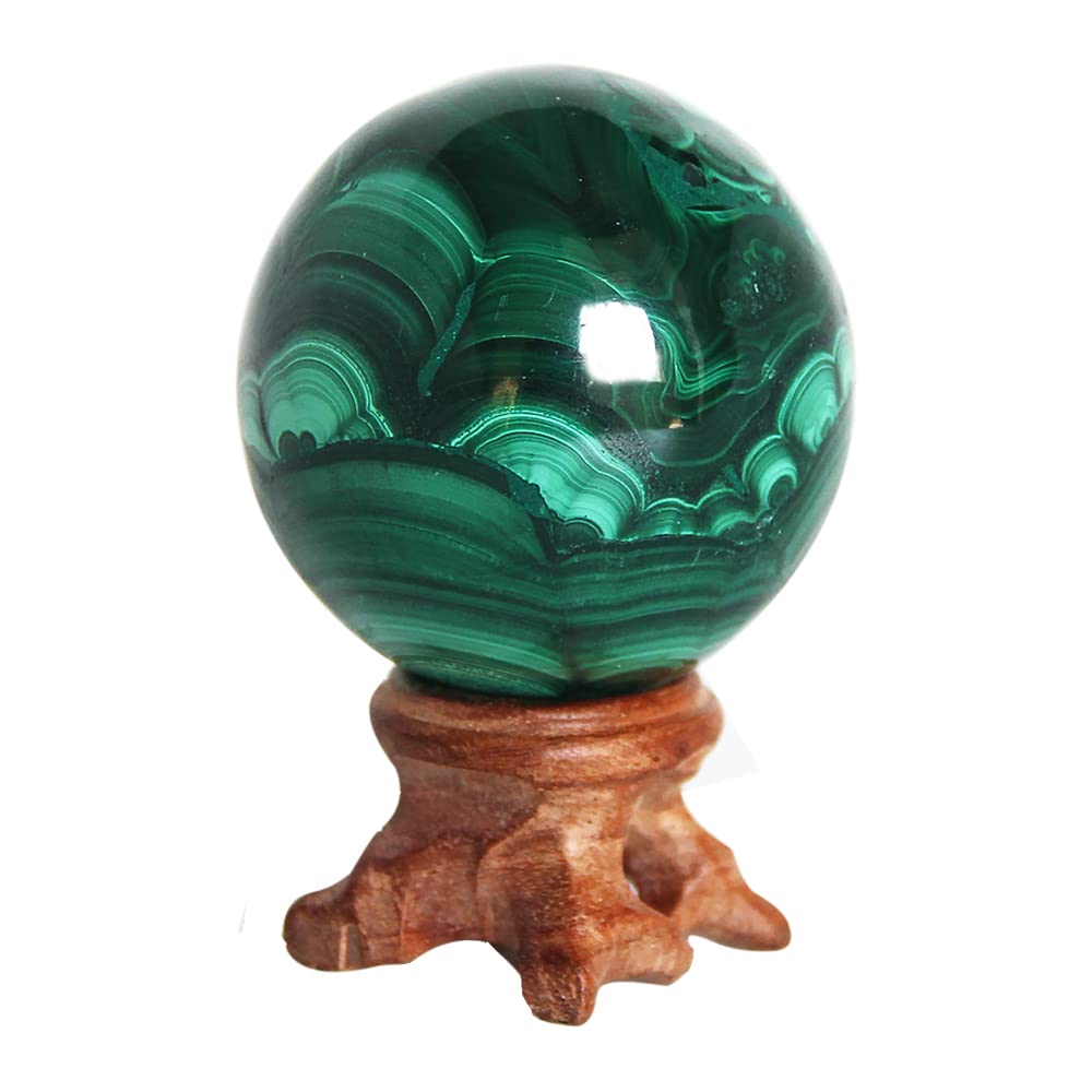 KINO Natural Malachite Sphere with Wood Stand Crystal Healing Mineral Gemstone Ball Divination Sphere Sculpture Figurine