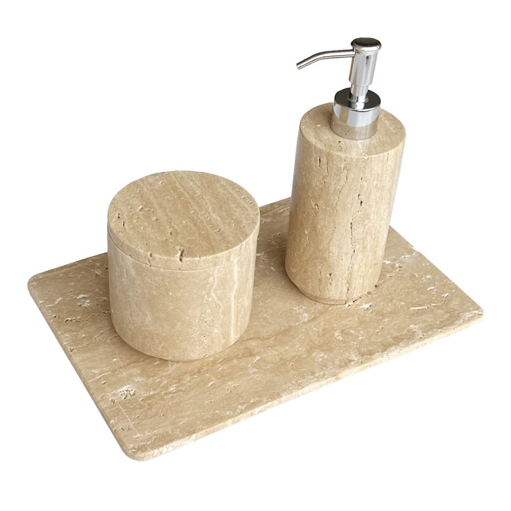 StonePlus Natural Marble Beige Travertine Tray, Pastry Cheese Tray, Dessert Coffee Plate, Double Sided Smooth Marble Slab (Beige Travertine)
