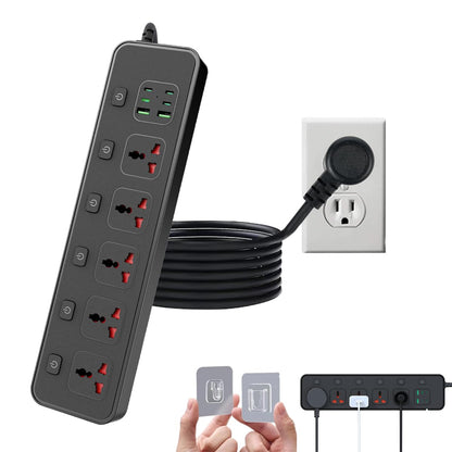 Flat Plug Power Strip with Individual Swtich, Jumpso 6ft Universal Extension Cord with 5 Outlets and 2 USB 4 USB C Ports, Max 3000w, 110-240v, Multiple Outlets Plug Adapter for Office Travel