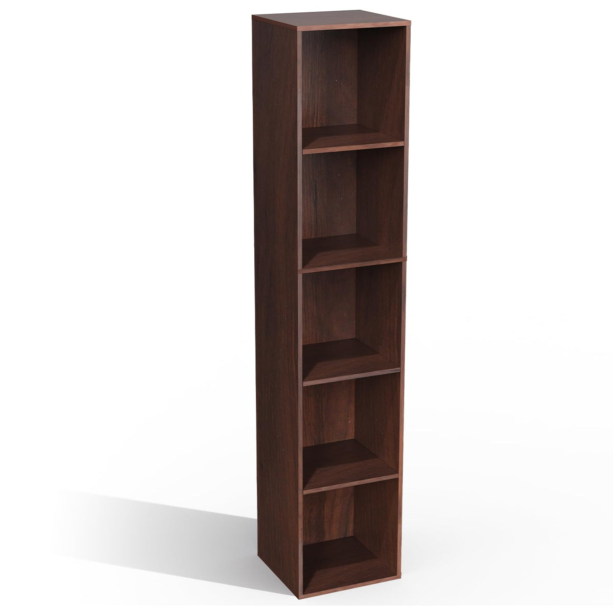 NewBeth 5 Cube Storage Organizer, Narrow Open Shelf Bookcase, Freestanding 5 Tier Low Display Bookshelf for Home Office, Living Room, Bedroom, Dark Brown & Black Walnut