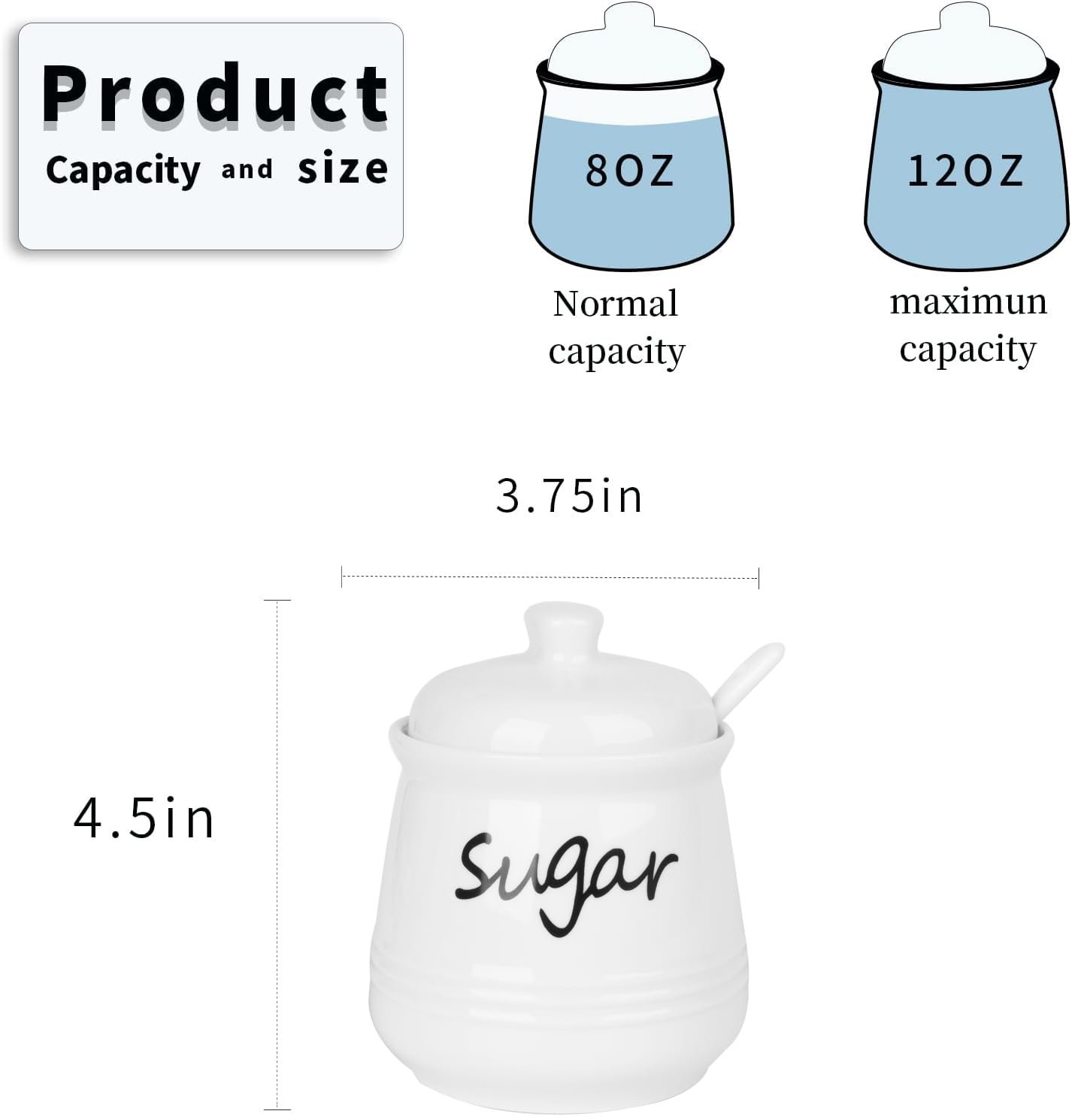 HAOTOP Ceramic Sugar Bowl with Lid and Spoon, 12oz Sugar Jar Sugar Dispenser Sugar Container Coffee Bar Accessories, Kitchen Countertop Canisters, White