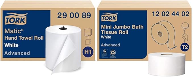 Tork Matic Paper Hand Towel Roll White H1 and Tork Mini Jumbo Toilet Paper Roll