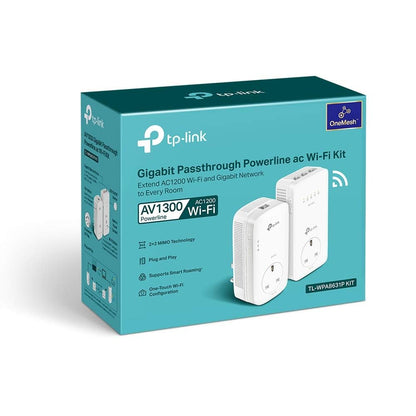 TP-Link TL-WPA8631P KIT AV1300 Gigabit Passthrough Powerline Adapter, Dual-Band WiFi Extender, up to 1300Mbps Speed, Internet Booster, Extra Power Socket, Works with OneMesh, No Configuration Required