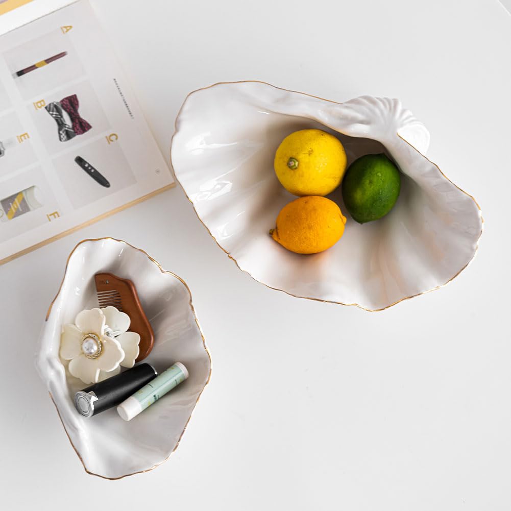 White Sea Shells Decorative Bowl - Large Clam Shell Bowl, Fruit Bowl, Key Bowls, Candy Dish, Coastal Ocean Centerpieces for Entryway, Living Room, Bathroom, Beach House, Nautical, Seaside, Shelf Decor