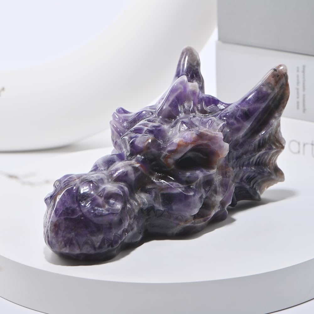 Bmuafry 6''Natural Dragon Head Crystal Skull Head Hand Carved Reiki Healing Stone Statue Healing Home Office Art Room Decoration (Dreamy Amethyst, 6inch)