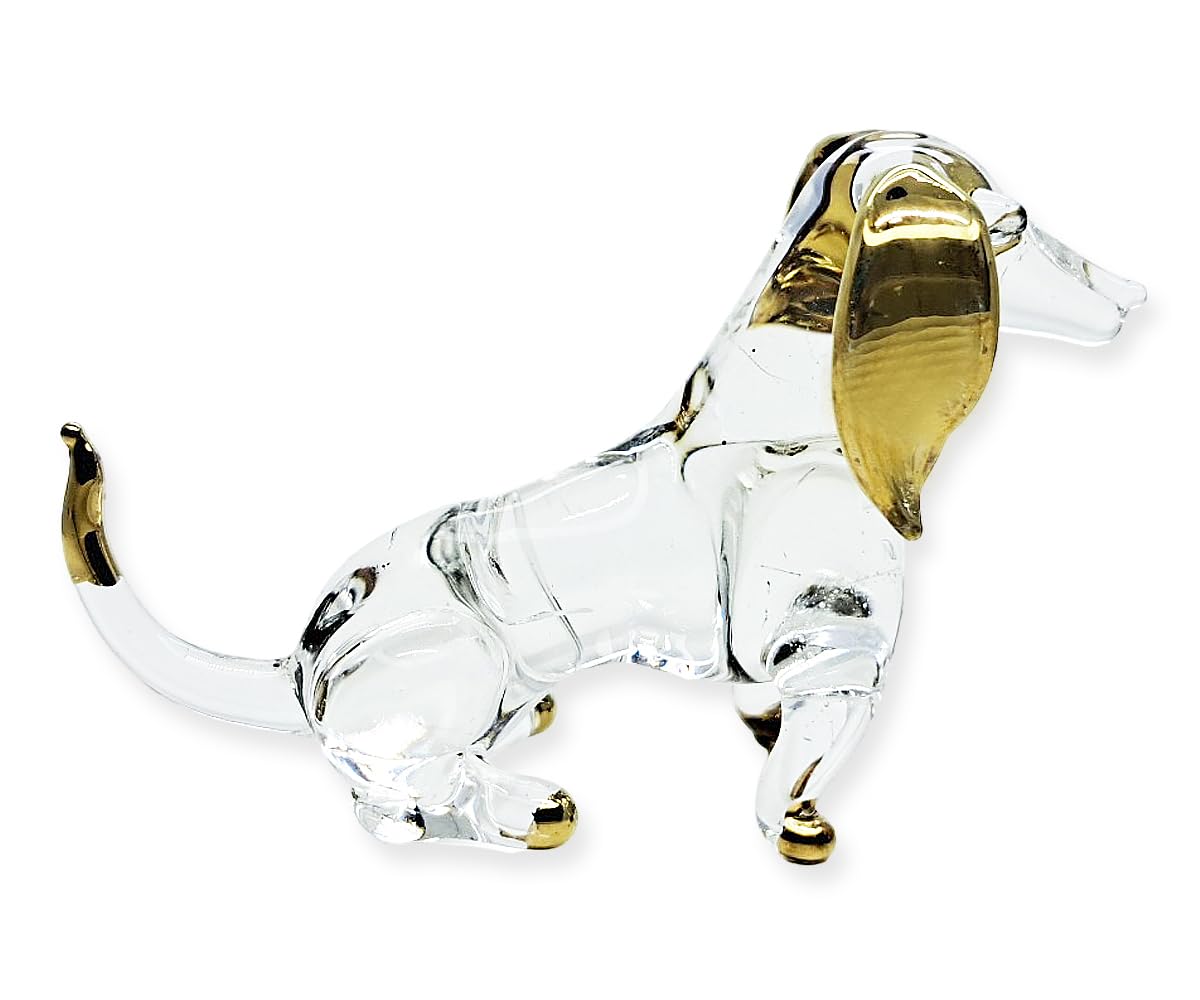 WitnyStore Tiny 2¼" Long Clear Gold Sitting Dachshund Figurine - Miniature Hand Blown Painted Glass Dogs Puppy Hound Canine Domestic Pet Animals Crystal Decorative Collectibles Figurines Décor Gifts
