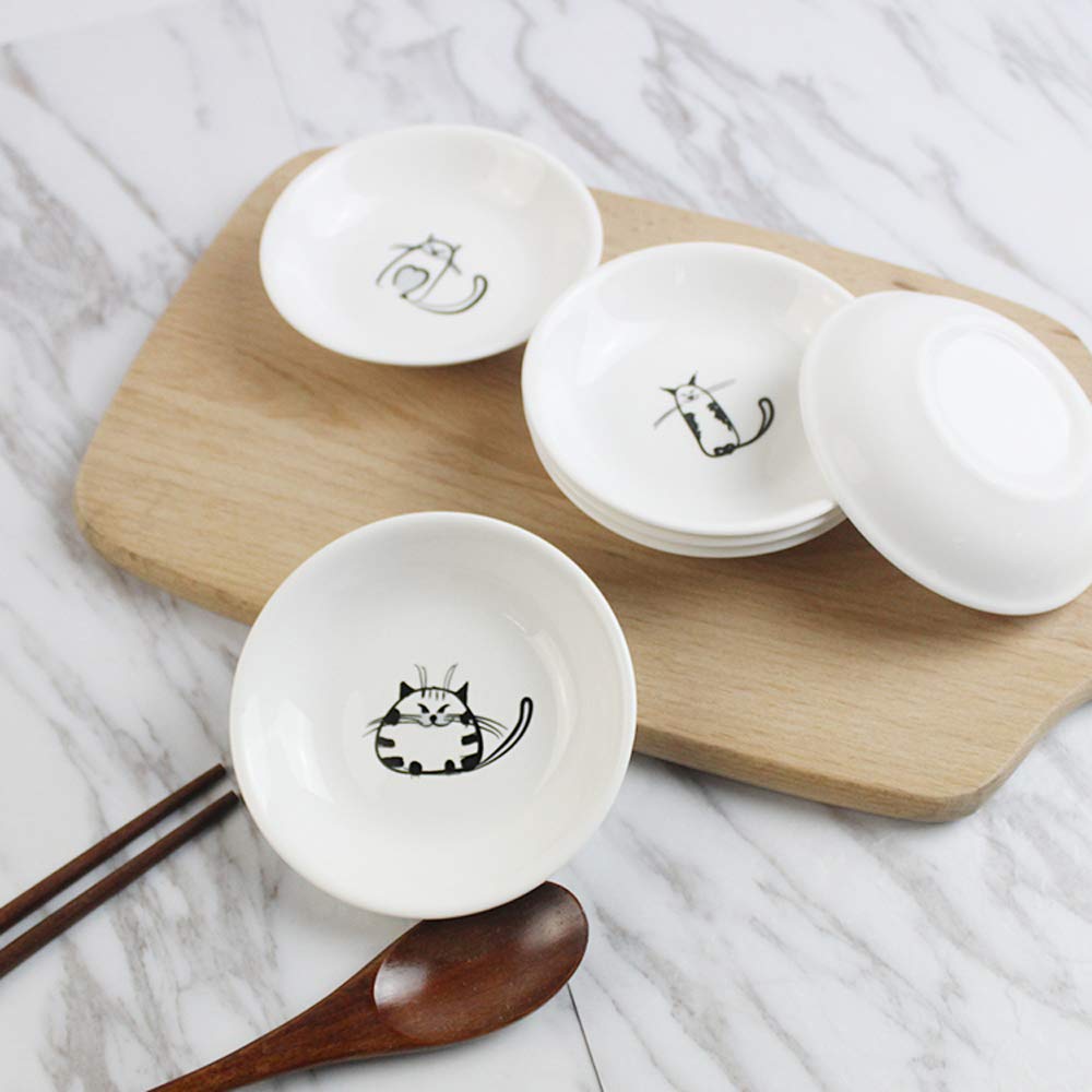 FUYU 6pcs Cute Cat Ceramic Sauce Plate, Snack Plate, Side Dish, 4 inches