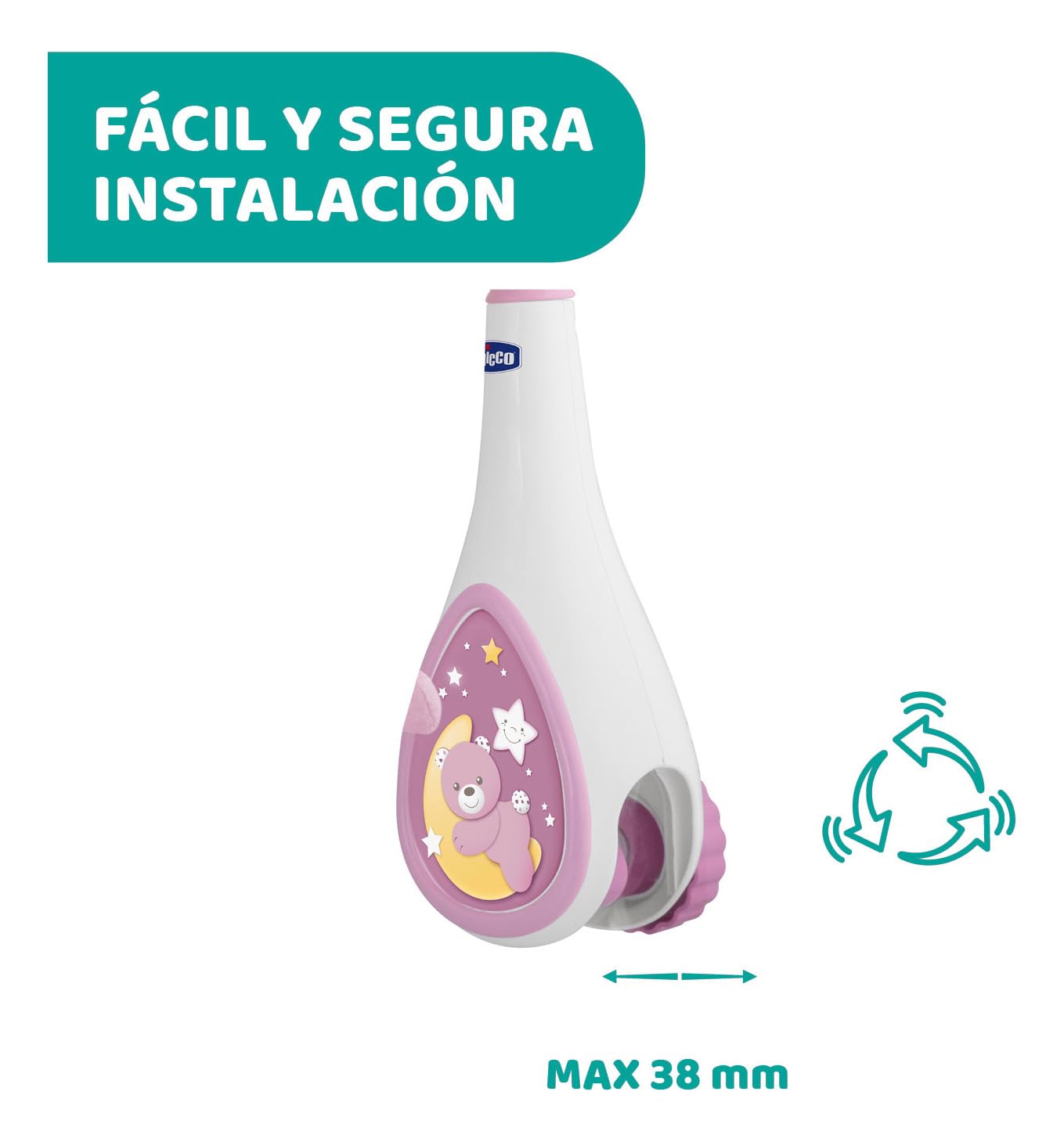 Chicco Next2Dreams Baby Mobile with Music Box for Cot and Bed - 3 in 1 Baby Mobile Compatible with Next2Me Cot, with Sound Effects, Soft Night Light Projector and Classical Music - 0+ Months, Pink