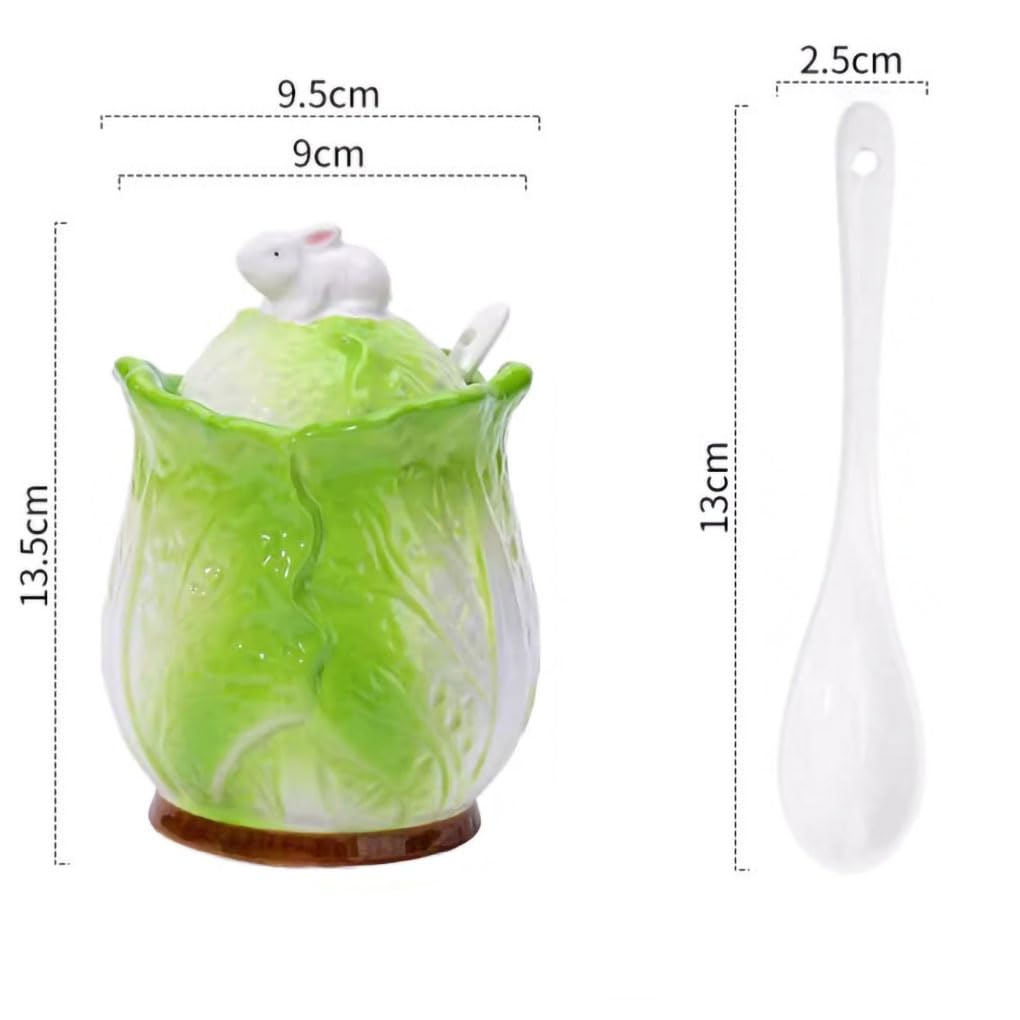 WAIT FLY Cabbage and Rabbit Ceramic Sugar Bowl with Lid and Spoon, Sugar Container, Sugar Jar for Kitchen Countertop, Coffee Bar