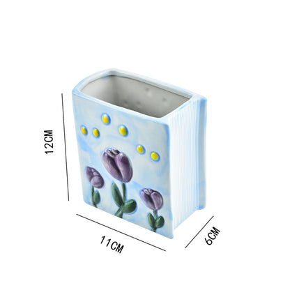 ESIW Ceramic Book Shaped Tulip Pattern Cosmetic Storage Box, Desktop Organizers Make Up Brush Storage Stand Desktop Storage Box for Brush,Pencil,Art Supplies, Painting Brush (Light Purple)