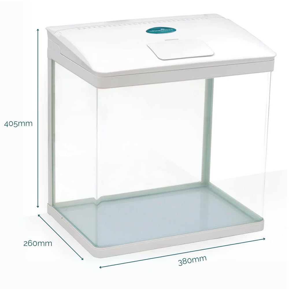 AllPondSolutions Nano Fish Tank with Filter and Light - Rectangular Aquarium Tank with LED Light, Tray Filter System, Curved Glass Front, 90° Tilting Hood - Cold Water Tropical Fish Tank - 29L, White
