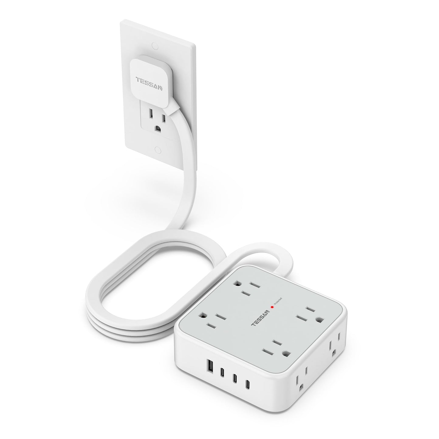 TESSAN Surge Protector Power Strip, 5 Ft Flat Plug Extension Cord with 3 USB (1 USB C) 8 Outlets, 900J Surge Protection, 3 Sided Outlet Extender with Power Switch for Office, Dorm Room Essentials