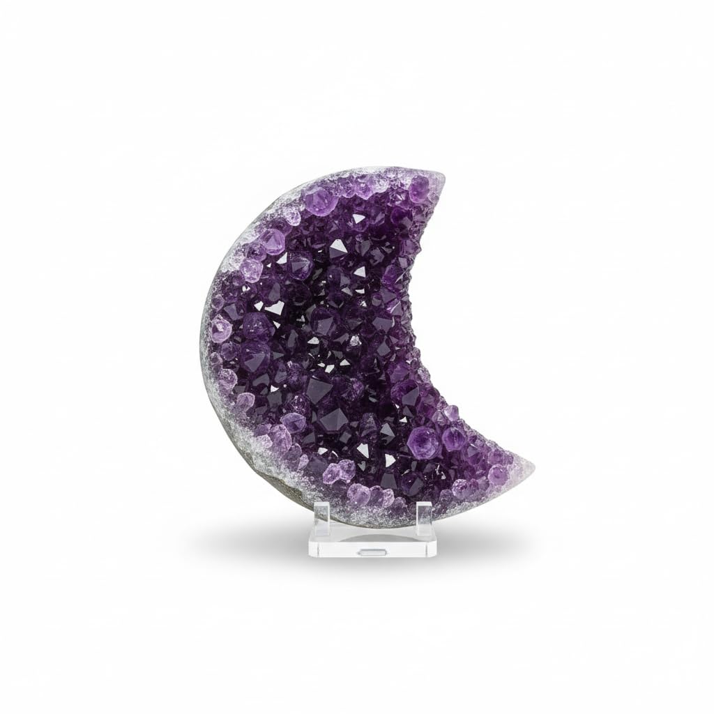 Natural Amethyst from Artigas Uruguay – Hand Carved Crystal in Heart or Moon Shape – Unique Purple Healing Stone – Spiritual Decor & Meaningful Gift (Moon, Big)