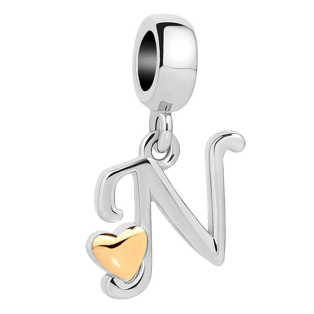 QueenCharms Initial A-Z Letter Charm Golden Heart Alphabet Dangle Beads For Bracelets & Necklaces (N)