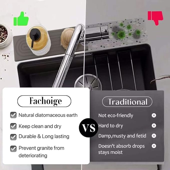 Quick Drying Stone Faucet Mat for Kitchen Sink, 23.6'' Long Diatomite Sink Tray