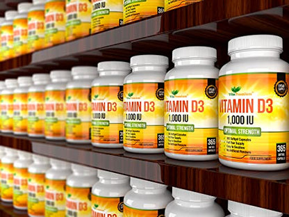 Vitamin D 1,000 IU, Optimal Strength Vitamin D3 Supplement, 365 Easy to Swallow Softgels - Full Year Supply
