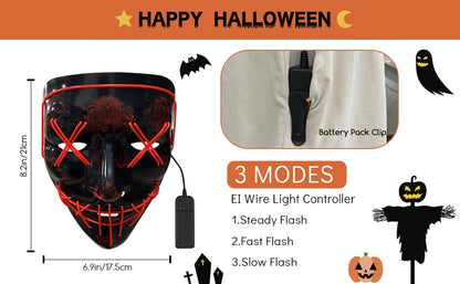Jsdoin Halloween Masks, Scary LED Purge Mask, Light up Mask Cosplay, LED Rave Face Mask Costume 3 Lighting Modes, Halloween Face Masks for Men Women Kids (Red)