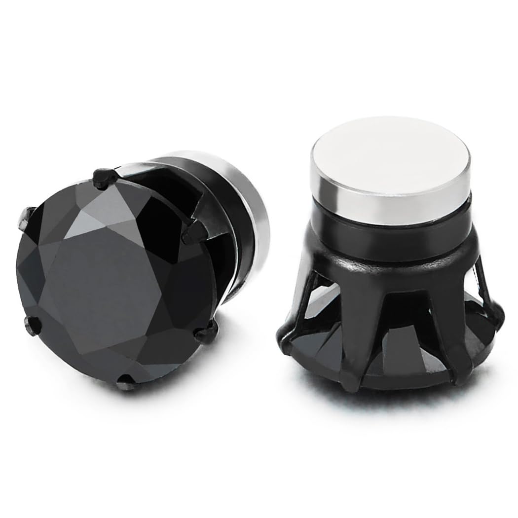 Mens Womens Magnetic Black Cubic Zirconia Stud Earrings, Steel Non-Piercing Clip On Cheater Fake Ear