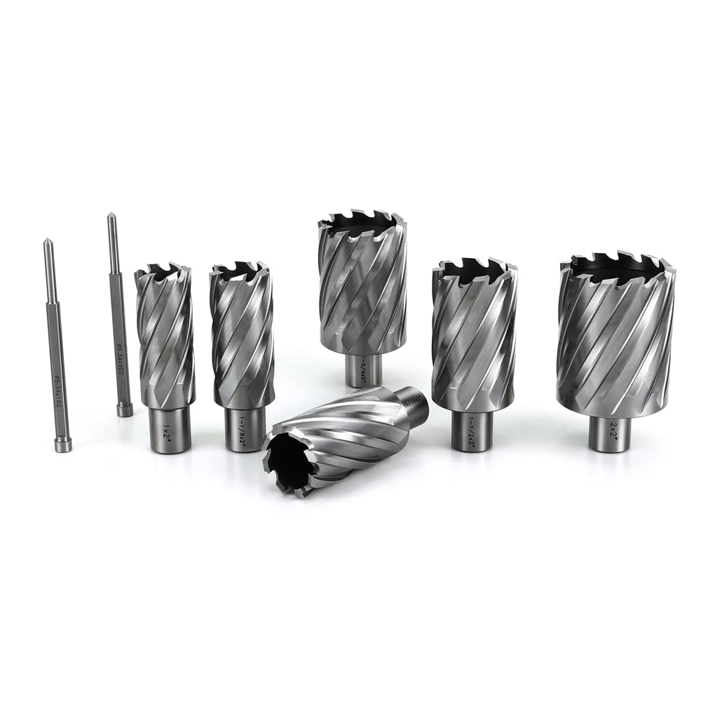OSCARBIDE Annular Cutter Set 8 Pieces, 3/4" Weldon Shank, 2" Cutting Depth,Cutting Diameter(1,1-1/8,1-5/16,1-1/2,1-3/4 and 2) inch, Mag Drill Bits for Magnetic Drill Press with 2pcs Pilot Pins