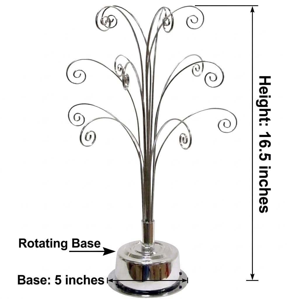 HOHIYA 360° Rotating Ornament Display Stand 15 Hooks Tabletop Christmas Tree Ornament Holder Metal Hanging Display Rack for Crystal Glass Baubles Jewelry and Home Decor Chrome Silver