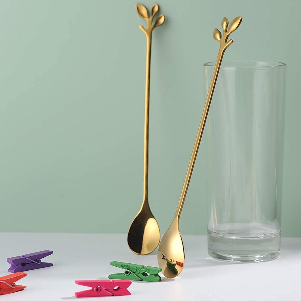 AnSaw 6-Piece Elegant Gold Leaf Long Handle Teaspoons - 7.4" Stainless Steel Stir Spoons for Coffee & Tea, Perfect for Mixing & Stirring