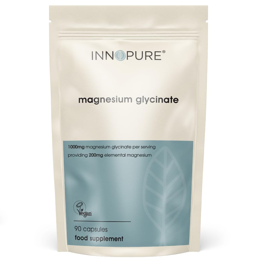 INNOPURE Magnesium Glycinate - 90 Capsules - Bioavailable Magnesium Supplements - 1000mg Per Serving (2 Capsules) Providing 200mg of Elemental Magnesium Bisglycinate Powder - Made in The UK