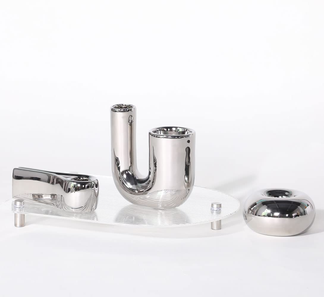 ITrixgan Silver Candlestick Holders, Decorative Taper Candle Holder Set Decor for Table Centerpiece Fireplace, Modern Silver Candle Holders Set, Aesthetic Ceramic Candle Stick Holder