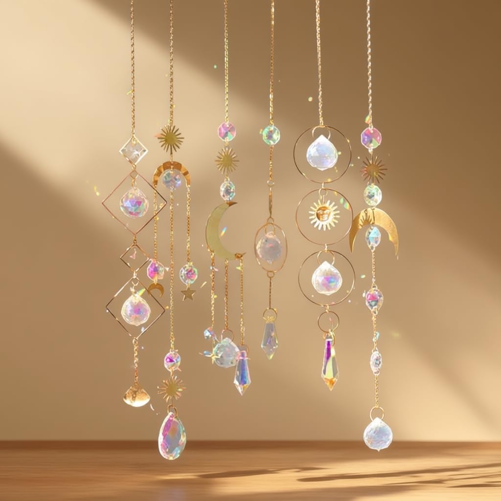 6PCS AB Crystal Suncatcher Hanging Sun Catcher with Chain Rainbow Maker Pendant Crystal Balls Prism for Window Home Garden Christmas Party Wedding Decoration