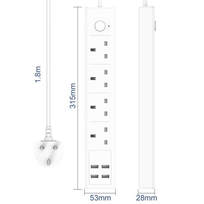 TICCOLO Extension Lead with USB Slots, 4 Way Sockets Outlets 4 USB Ports, 13A/3250W 1.8M Extention Cable with Switch Surge Protected Power Strips, UK Multi Plug Adapter Electrical Cords