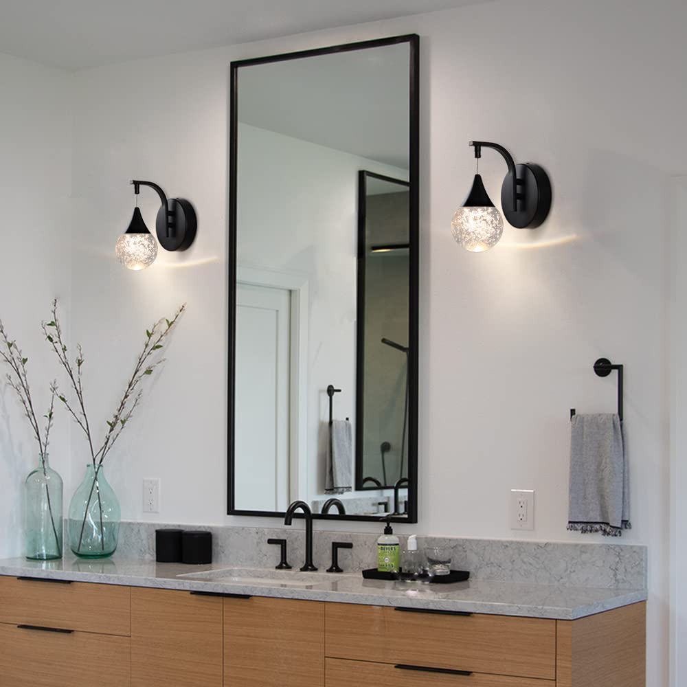 Sedelan Modern Crystal Bubble Wall Sconce, 5W Dimmable LED Wall Light Fixture, 3300K Warm White Indoor Wall Lighting, Matte Black for Bedroom Bedside Living Room Bathroom Hallway