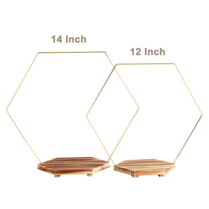 MJRASG 4 Pack Hexagon Floral Hoops with Wooden Stand, 12 Inch Metal Rings for Wedding Centerpiece Table Decorations Crafts Wreath Wedding Birthday Party Candle Rings, DIY Floral Displays