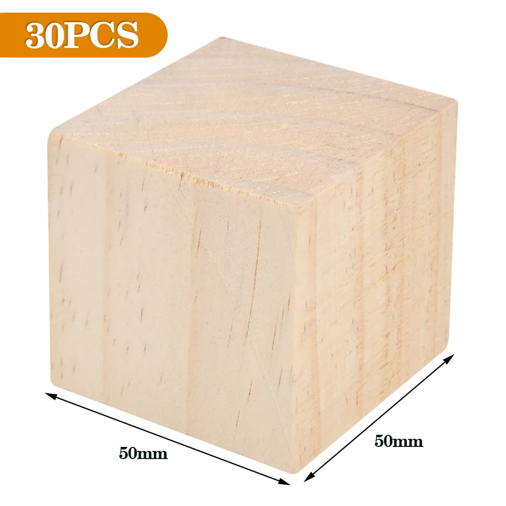 BUYGOO 30Pcs 2 inch Wooden Cubes Wood Blocks Unfinished for Crafts, Wood Square Blocks for Crafts and DIY Décor