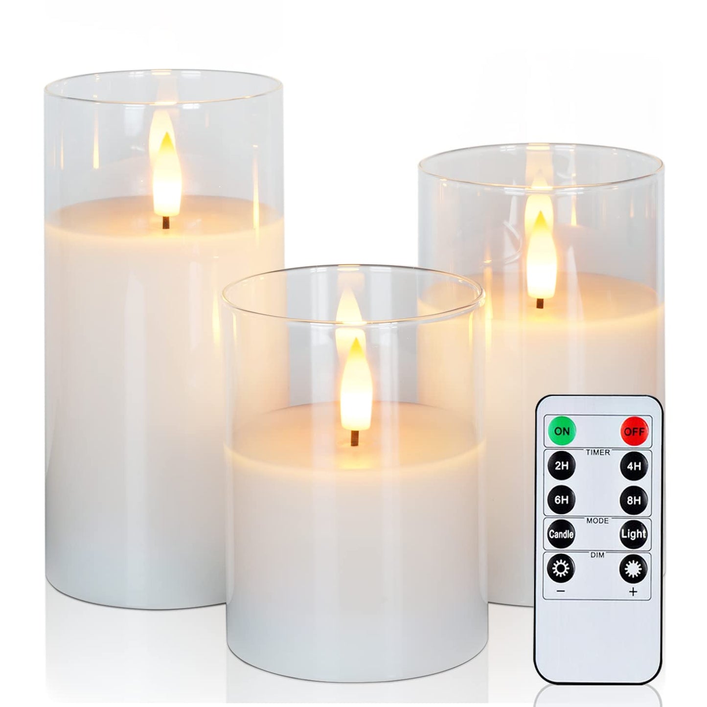 Amagic Clear Glass Flameless Candles Battery Operated with Timer, Remote Control, LED Pillar Candles, Battery Powered, Pure White Wax, Set of 3