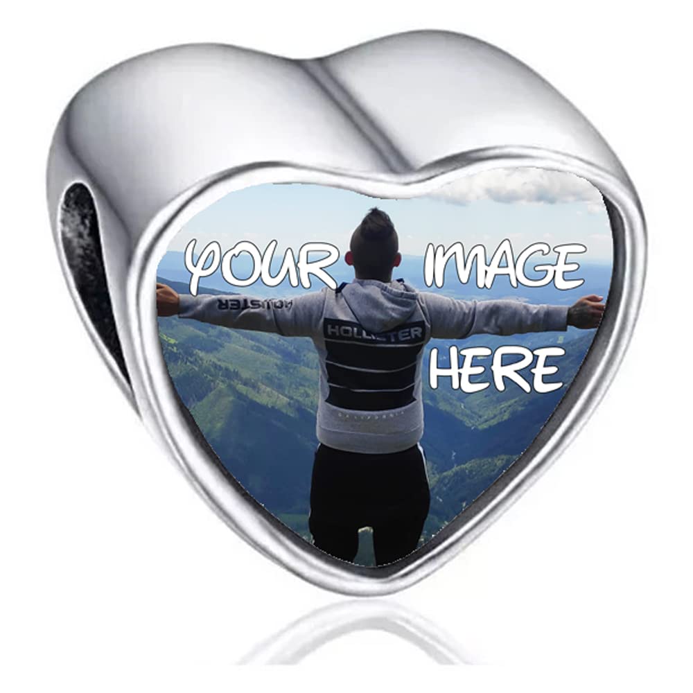 2Burned UK Personalised Love Heart Photo Charm Bead – Custom Picture Steel Jewellery – Fits European Style Charm Bracelets – Unique Gift for Mum, Wife, Girlfriend, Baby Scan Keepsake