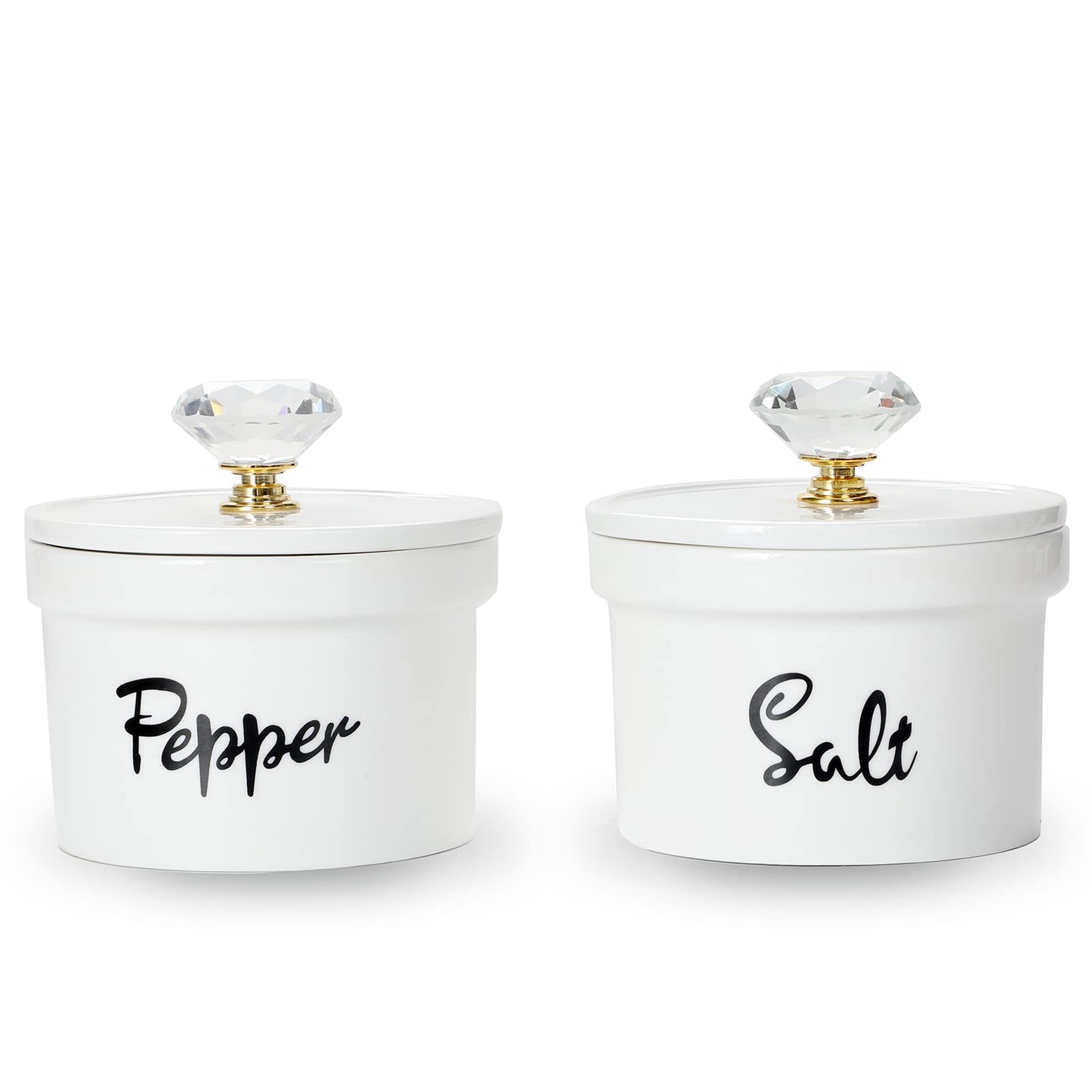 HAOTOP Salt and Pepper Bowls with Crystal Lid, 12.5 oz Ceramic Salt Pepper Container for Countertop,Farmhouse Kitchen Decor, Set of 2 (Gold)
